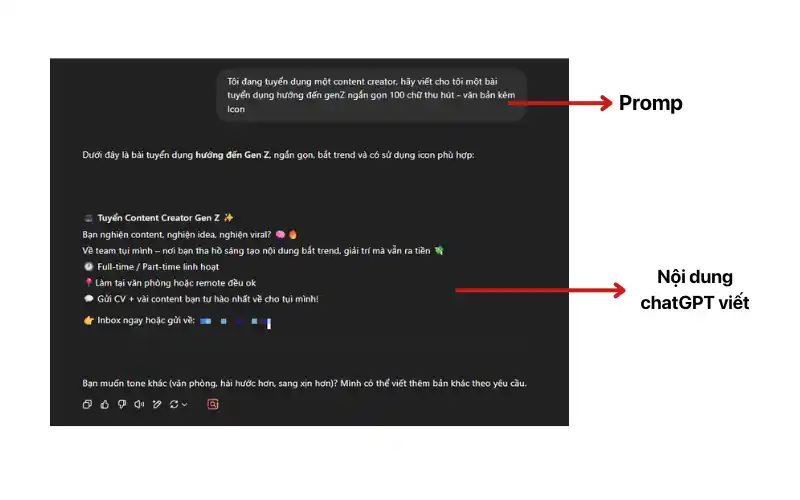 Chỉ với một vài dòng mô tả hoặc hướng dẫn đơn giản (prompt), AI có thể tạo ra nội dung tuyển dụng ngắn phù hợp với genZ